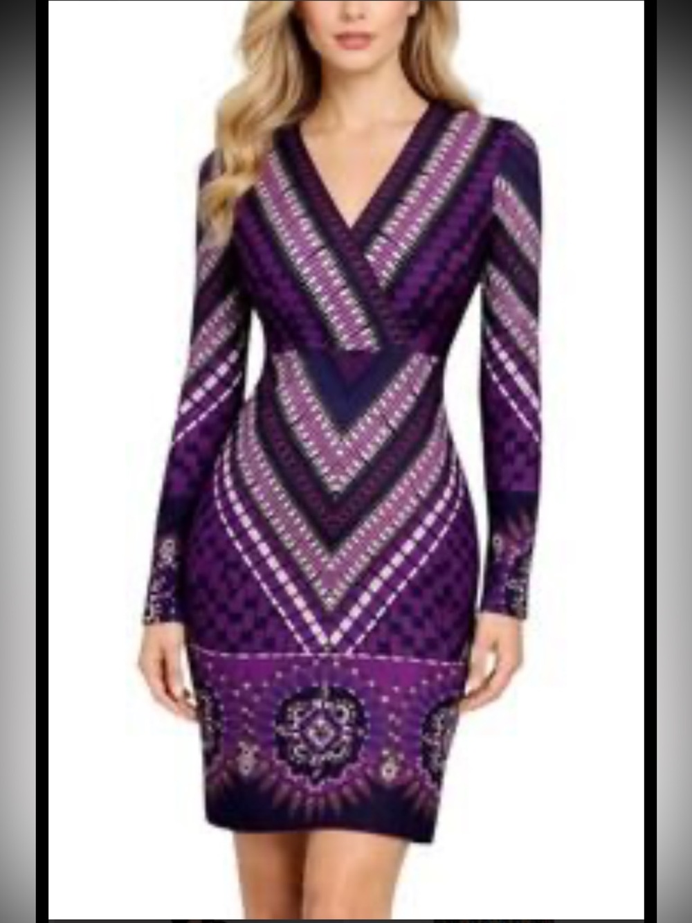 Hale Bob Purple and Navy Long-Sleeve V-Neck Printed Dress size large